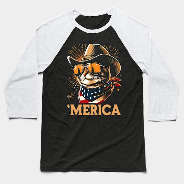 USA Flag Cat 4th of July Funny Patriotic Baseball T-Shirt by KsuAnn